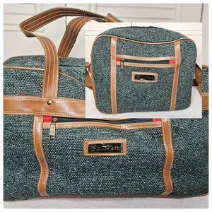 vintage Oscar De La Renta carry on luggage set of two green tweed bags